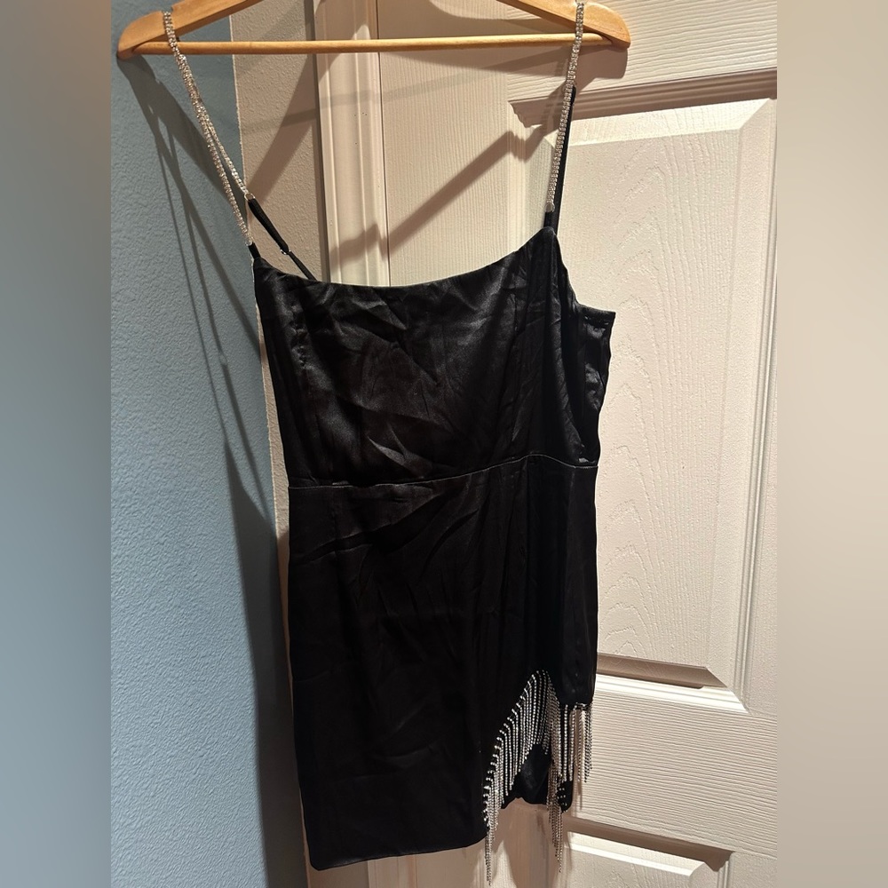 Black silk rhinestone strapped mini dress with rhinestone fringe